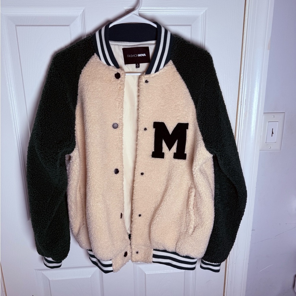 Fashion Nova Cream and Black Varsity Jacket